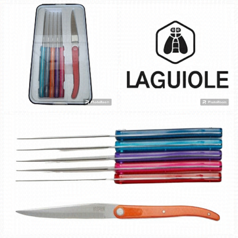 Laguiole Evolution Steak Knife Set 6 New Stainless Steel Color Handle Flatware